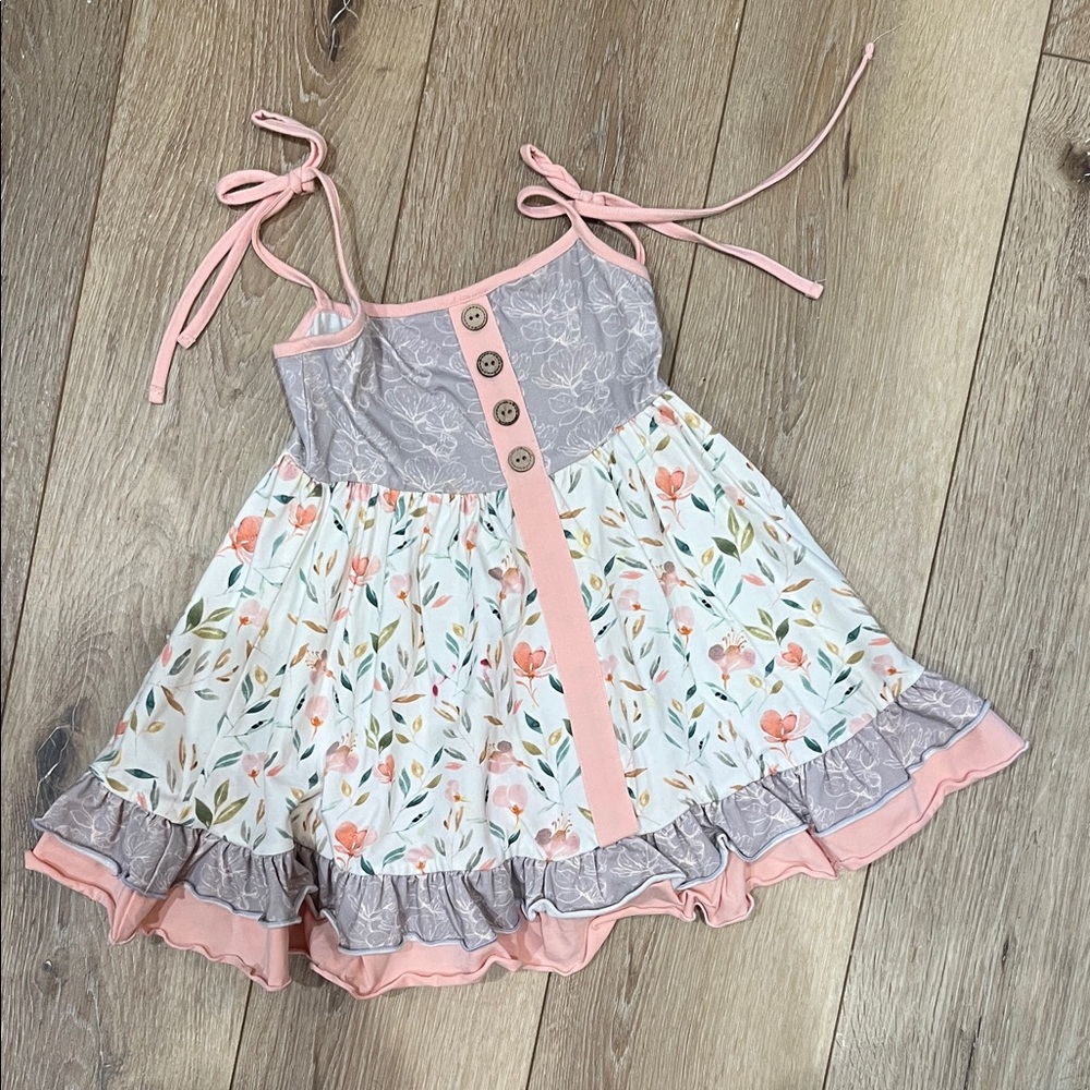Cheeky Plum Girls Floral Ruffle Tie-Shoulder Dress in Pink and Gray